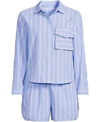 Lands' End Plus Cotton Poplin 2 Piece Pajama Set - Long Sleeve Top and Shorts with Piping