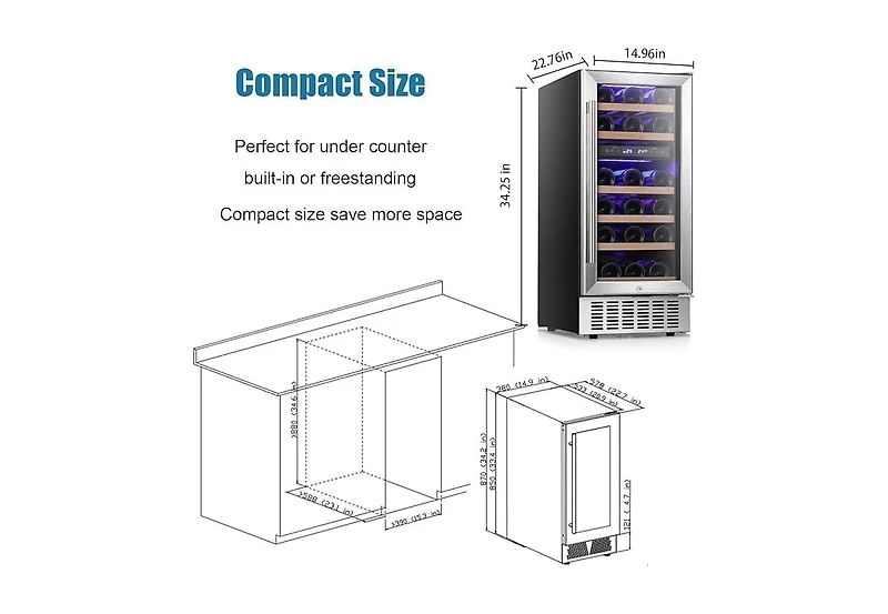 Zafro 15" Under Counter Beverage Refrigerator with Dual Zone Temperature Control, Freestanding or Built-in, Stainless Steel Finish, Double-Layer Tempe