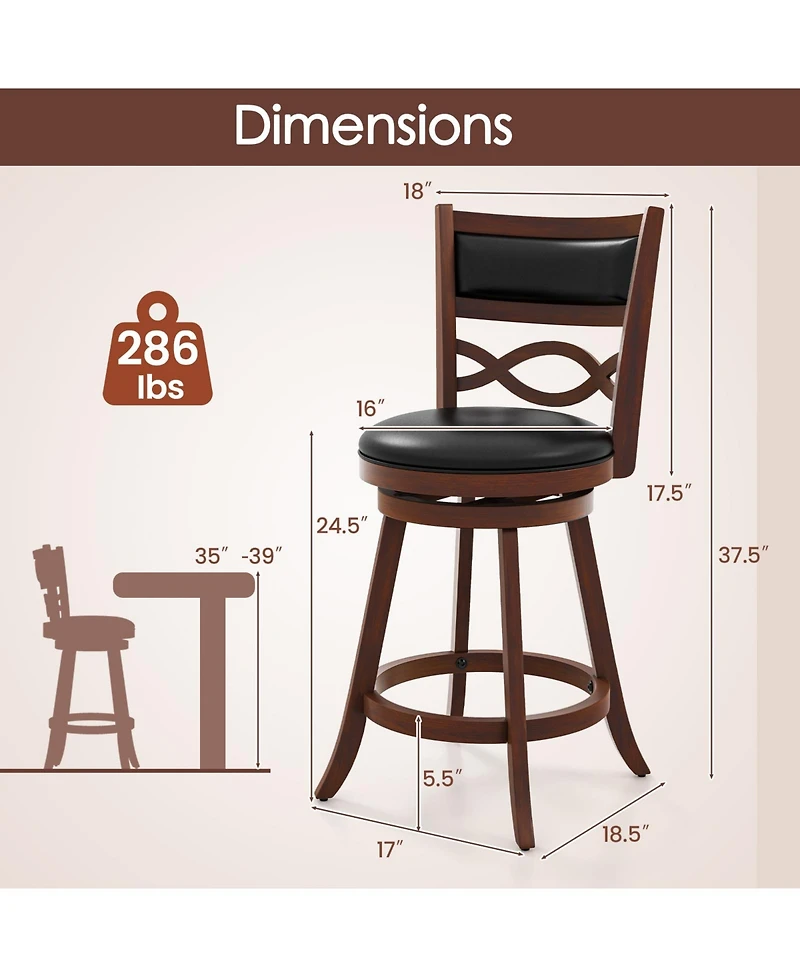 Bar Stools Set of 2 with Rubber Wood Frame and Faux Leather Upholstered Seat-24 Inch