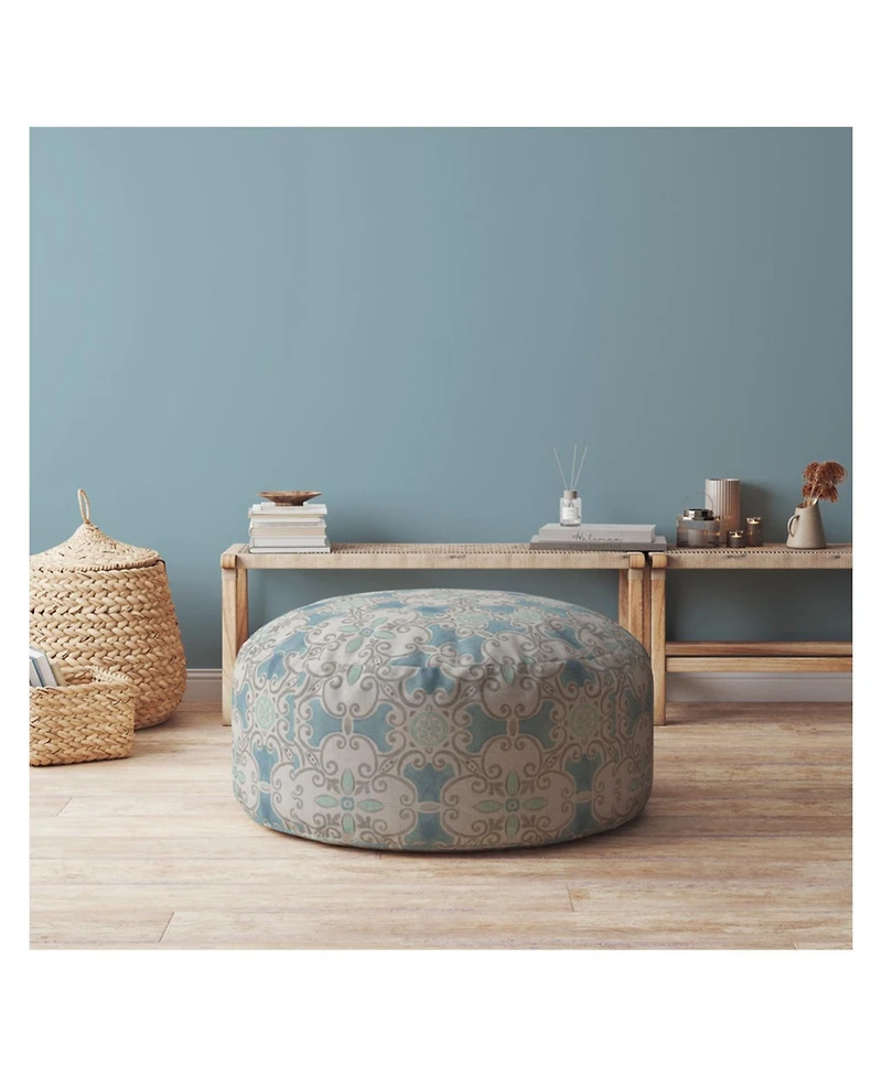 24" Blue Cotton Round Ikat Pouf Ottoman