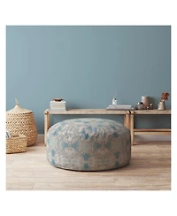 24" Blue Cotton Round Ikat Pouf Ottoman