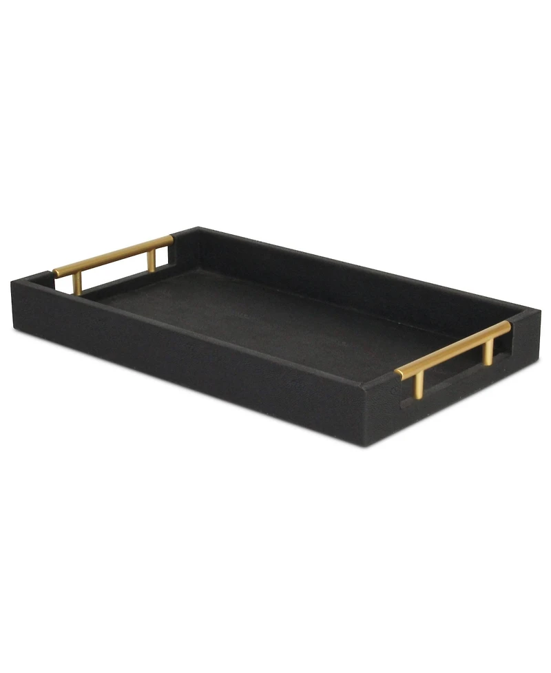 Wood and Vinyl Faux Shagreen Serving Tray with Handles for Dining and Decor