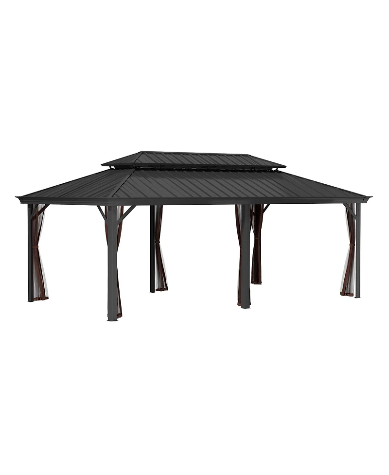 12x20 Ft Hard Top Metal Gazebo Patio Double Roof Canopy Aluminum Frame Gazebo with Netting Tent Curtains