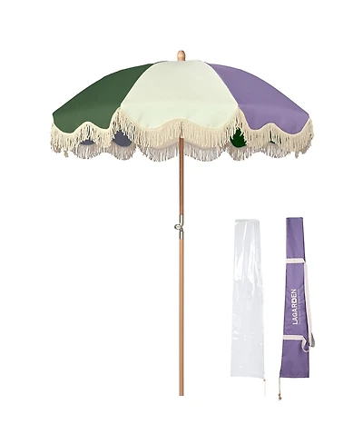 LAGarden Palm Springs 6Ft Patio Fringe Umbrella with Tassel Carry Bag Outdoor Vintage Wood Garden Parasol Purple Green