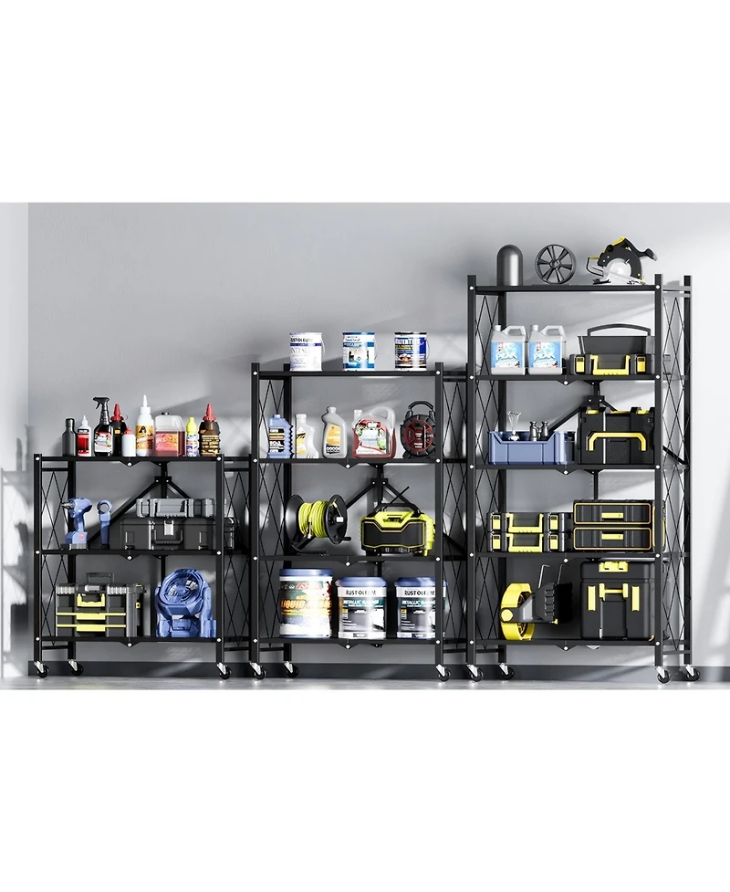3-Tier Heavy Duty Foldable Metal Rack Storage Shelving Unit with Wheels Moving Easily Organizer Shelves Great for Garage Kitchen