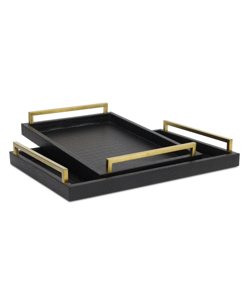 Set of Two Wood Serving Trays with Faux Croc Texture and Handles
