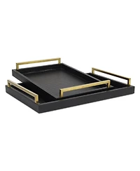 Set of Two Wood Serving Trays with Faux Croc Texture and Handles