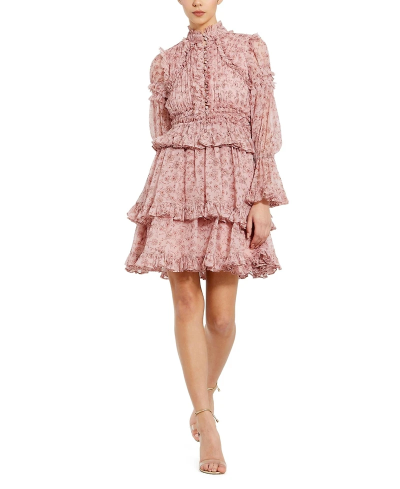 Mac Duggal Women's Long Sleeve Open Front High Neck Ruffle Mini Dress