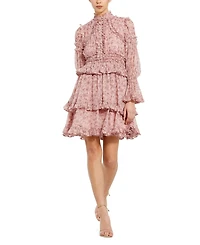Mac Duggal Women's Long Sleeve Open Front High Neck Ruffle Mini Dress