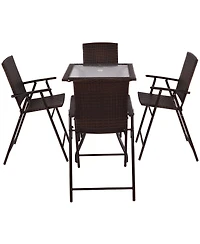 5PC Rattan Patio Furniture Set 4 Bar Stool Folding Chair and Bar Table W/Glass Top
