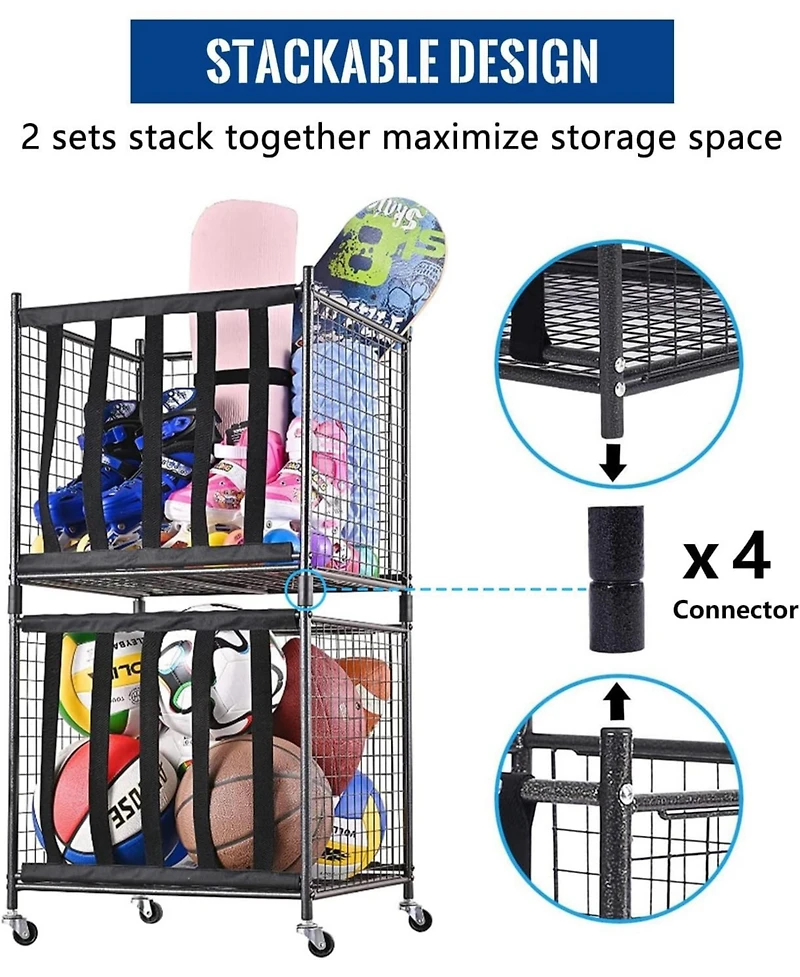 Mythinglogic 44 lbs Weight Capacity Rolling Sports Ball Storage Cart with Elastic Straps