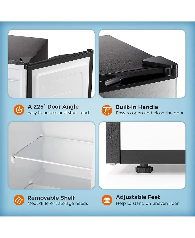 Zafro 3.0 Cu.ft upright mini freezer with adjustable thermostat, removable shelves, and reversible door. Ideal for bedrooms, homes, dorms, or apartmen