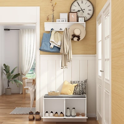Shoe bench with two lockers, white wooden shoe rack with coat rack, Entryway Bench