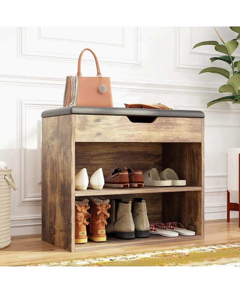 shoe Bench with shelves, natural wooden rack 3 storage compartments, Entryway