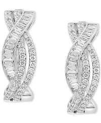 Effy Diamond Round & Baguette Twist Style Small Hoop Earrings (1-1/6 ct. t.w.) in 14k White Gold, 0.6"