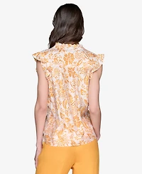 Karl Lagerfeld Paris Women's Printed Split-Neck Flutter-Sleeve Blouse
