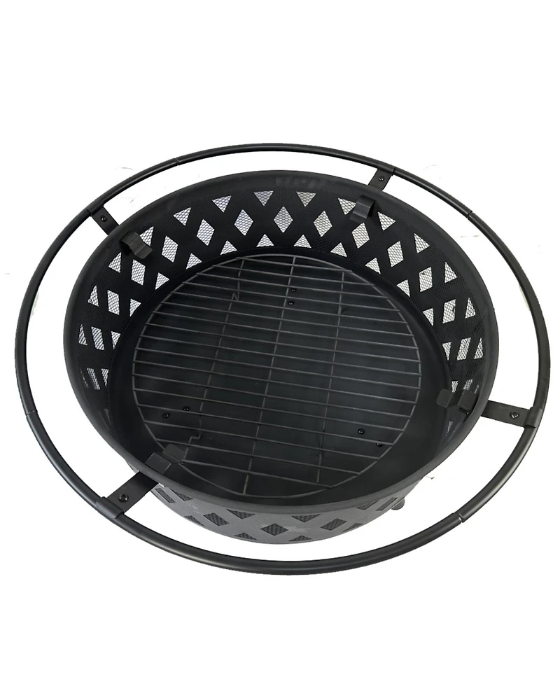 Streamdale Diamond Mesh Round Fire Pit with Cover, Poker, and Accessories