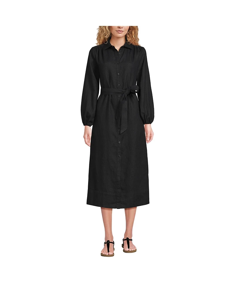 Lands' End Women's Linen Long Sleeve Midi Shirt Dress