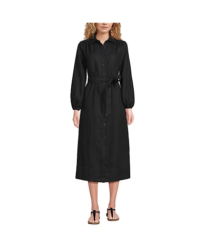 Lands' End Women's Linen Long Sleeve Midi Shirt Dress