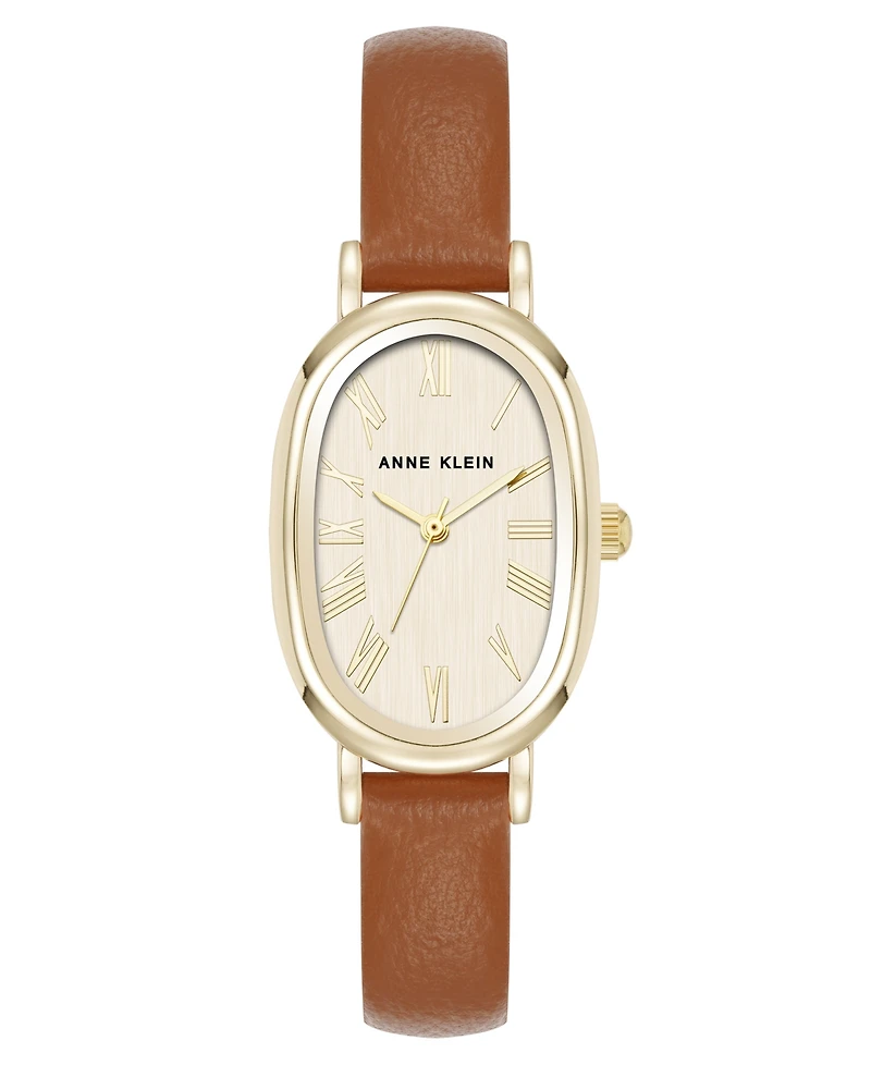 Anne Klein Women's Quartz Oval Brown Polyurethane Leather and Gold-Tone Metal Alloy Watch, 23mm