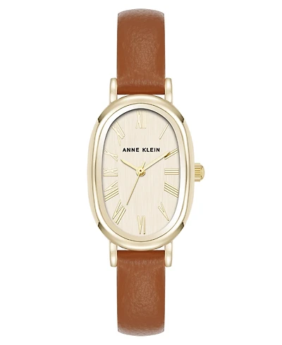 Anne Klein Women's Quartz Oval Brown Polyurethane Leather and Gold-Tone Metal Alloy Watch, 23mm