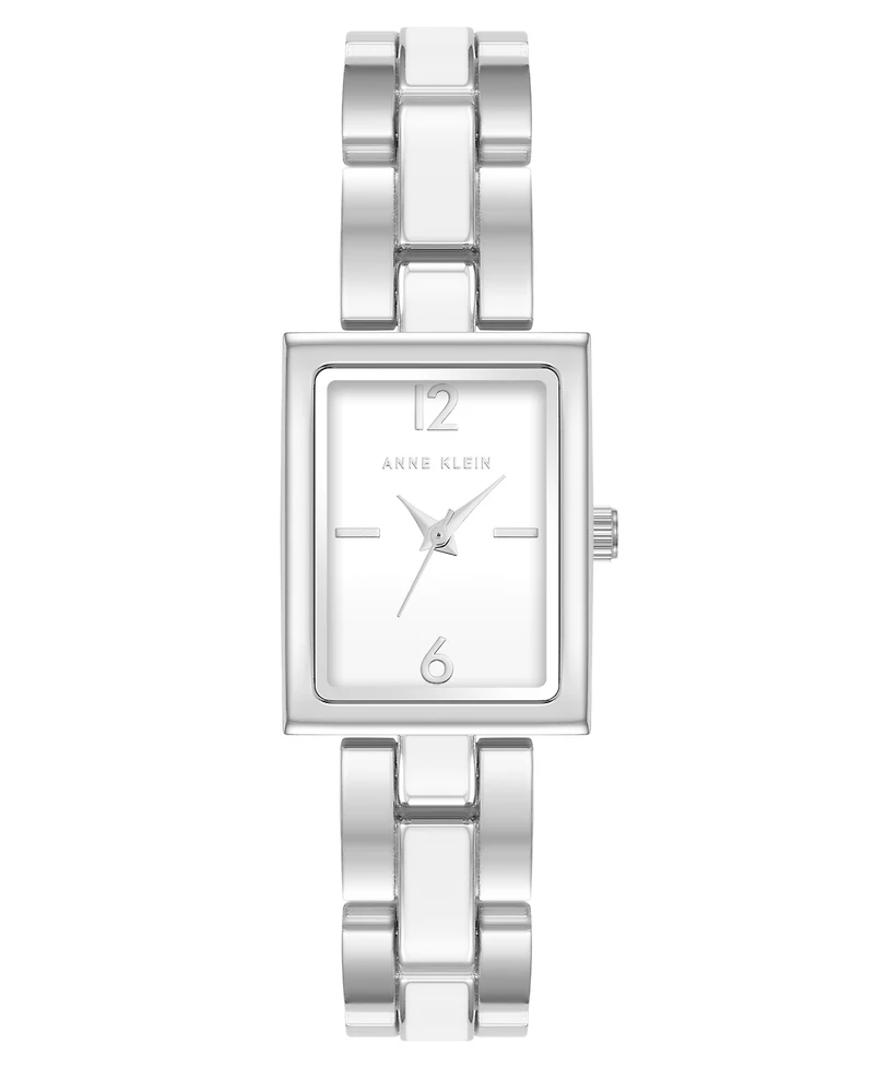 Anne Klein Women's Quartz Rectangular White Enamel and Silver-Tone Metal Alloy Watch, 22mm