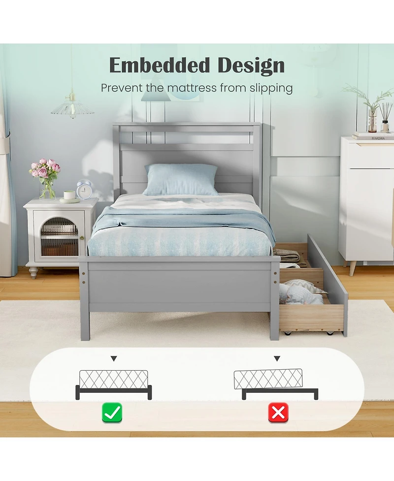 Twin Wooden Bed Frame with 2 Drawers for Teens and Adults
