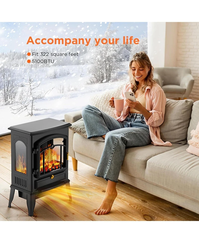 Cowsar Electric Fireplace Stove, Freestanding Fireplace Heater with Realistic Flame, 1000/1500W Fireplace Heater, Overheating Safety Device, Thermosta