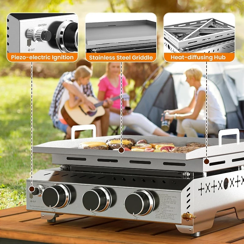 Cowsar Portable 26 Inch Tabletop Griddle with Grill Grate, Stainless Steel Propane Gas Grill with 3 Burners,24000 Btu, for Outdoor Camping/Rv/Picnic/B