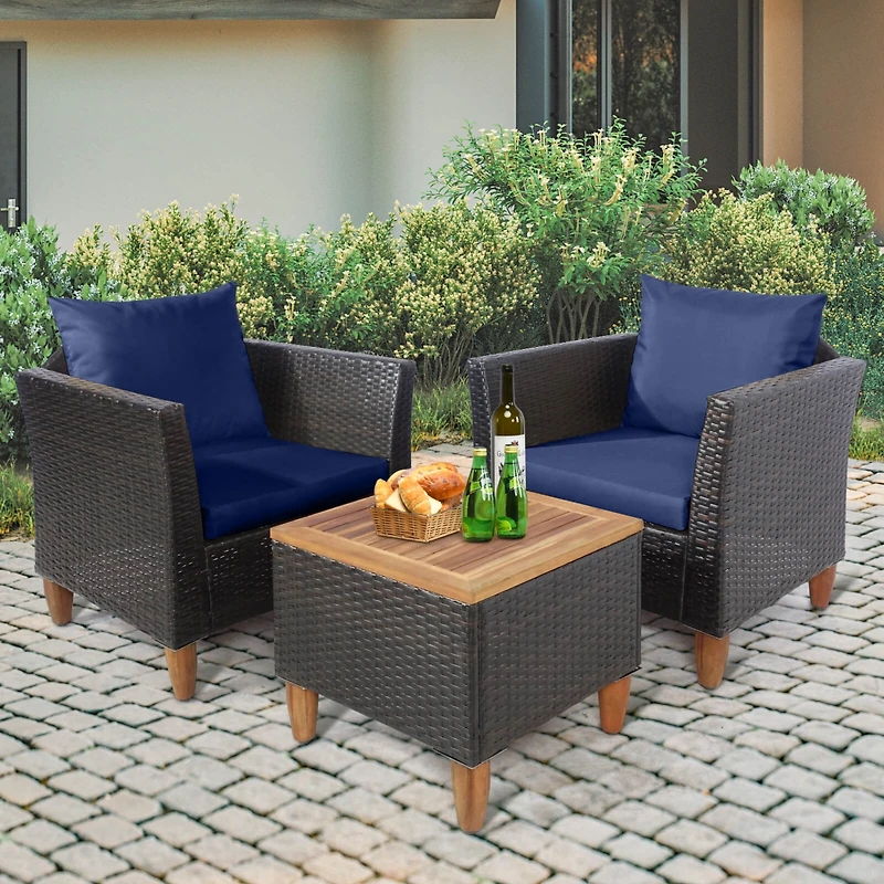 3PCS Patio Rattan Bistro Furniture Set Wood Table Top Cushion Sofa