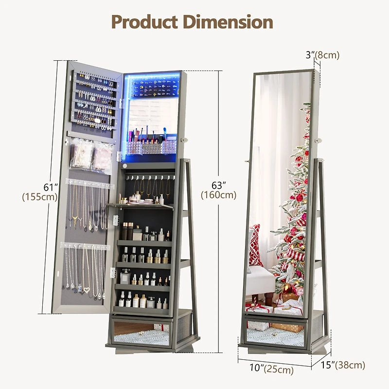 Vlsrka Jewelry freestanding storage mirror cabinet with shelves, built-in lights, and rotating feature.