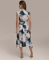 Donna Karan New York Women's Sleeveless Collarless Crew-neck Printed Tie-front Midi Dress