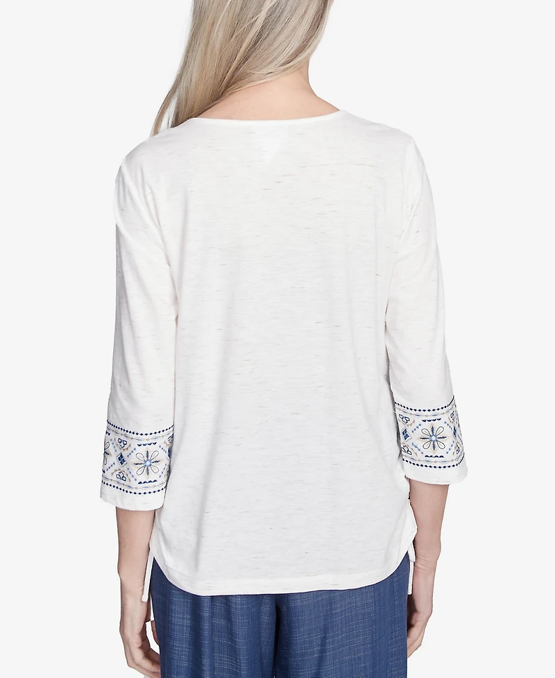 Alfred Dunner Women's Summer Solstice Linear Embroidered Tie Sleeve Top