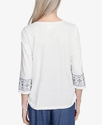 Alfred Dunner Women's Summer Solstice Linear Embroidered Tie Sleeve Top