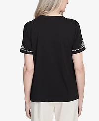 Alfred Dunner Women's Natural Instinct Embroidered Border Crew Neck T-Shirt