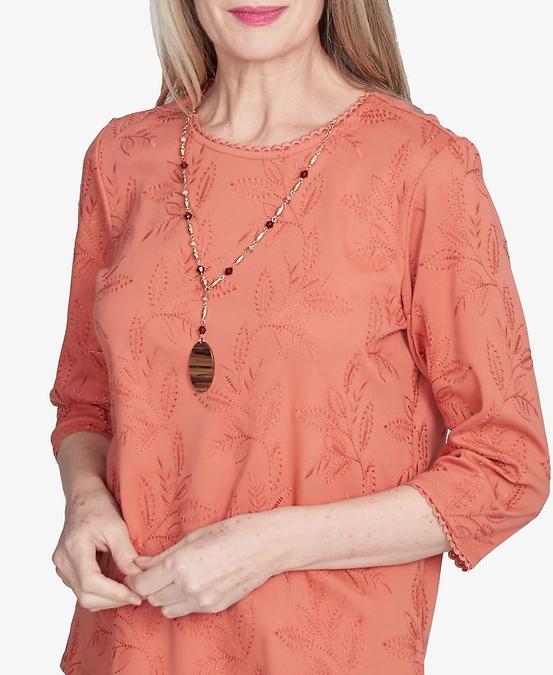 Alfred Dunner Women's Natural Instinct Solid Leaf Embroidered Crew Neck Top