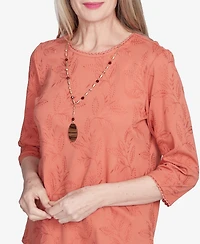 Alfred Dunner Women's Natural Instinct Solid Leaf Embroidered Crew Neck Top