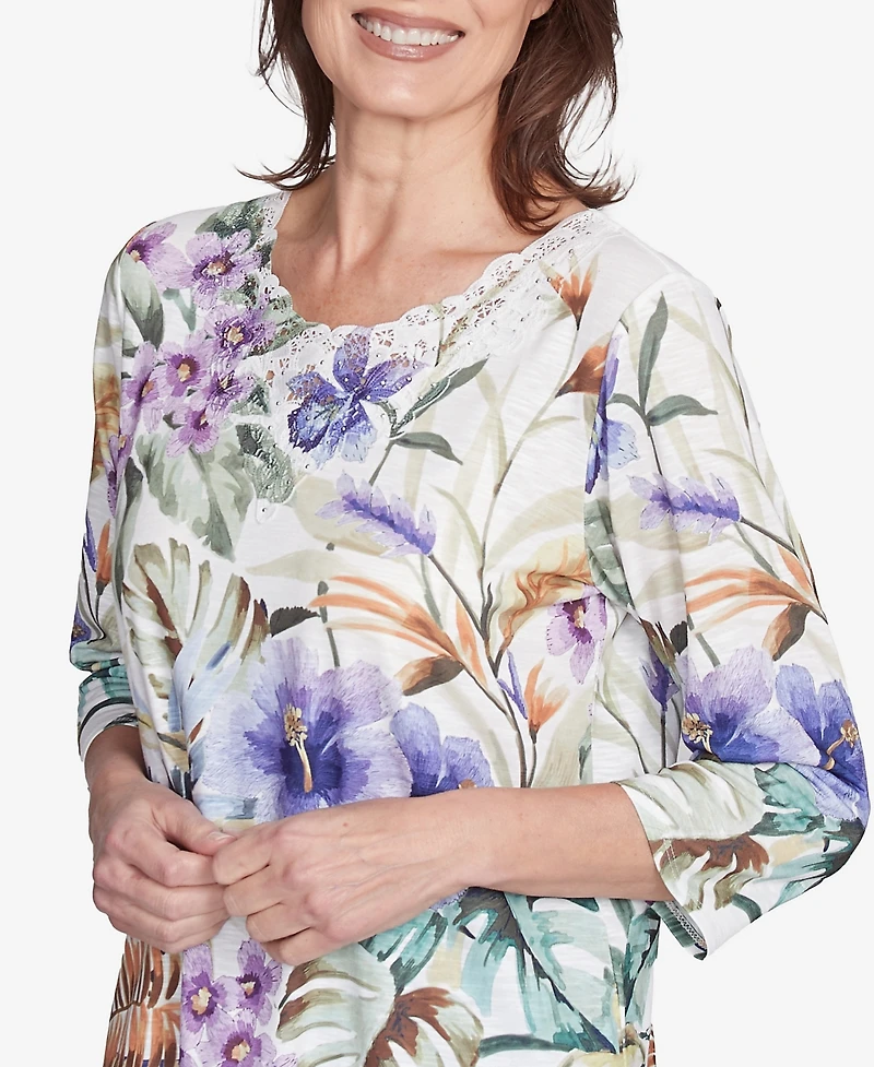 Alfred Dunner Women's Santa Fe Tropical Floral Border Crew Neck Top
