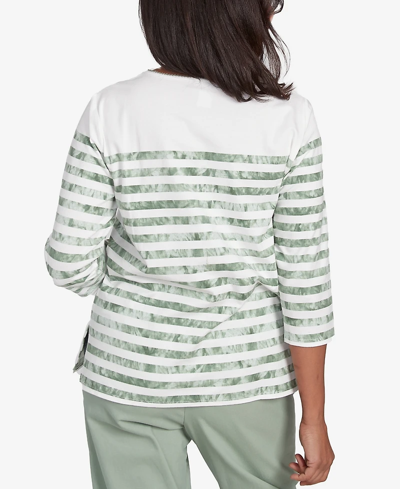 Alfred Dunner Women's Santa Fe Tie Dye Stripe Embroidered Crew Neck Top