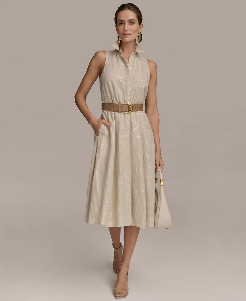 Donna Karan New York Women's Sequin Embellished Linen Belted Shirtdress