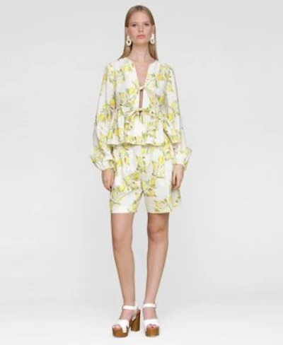 Avec Les Filles Womens Printed Pleat Front Belted Shorts Balloon Sleeve Blouse