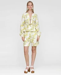 Avec Les Filles Womens Printed Pleat Front Belted Shorts Balloon Sleeve Blouse