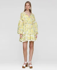 Avec Les Filles Women's Cotton Lemon-Print Split-Neck Prairie Mini Dress