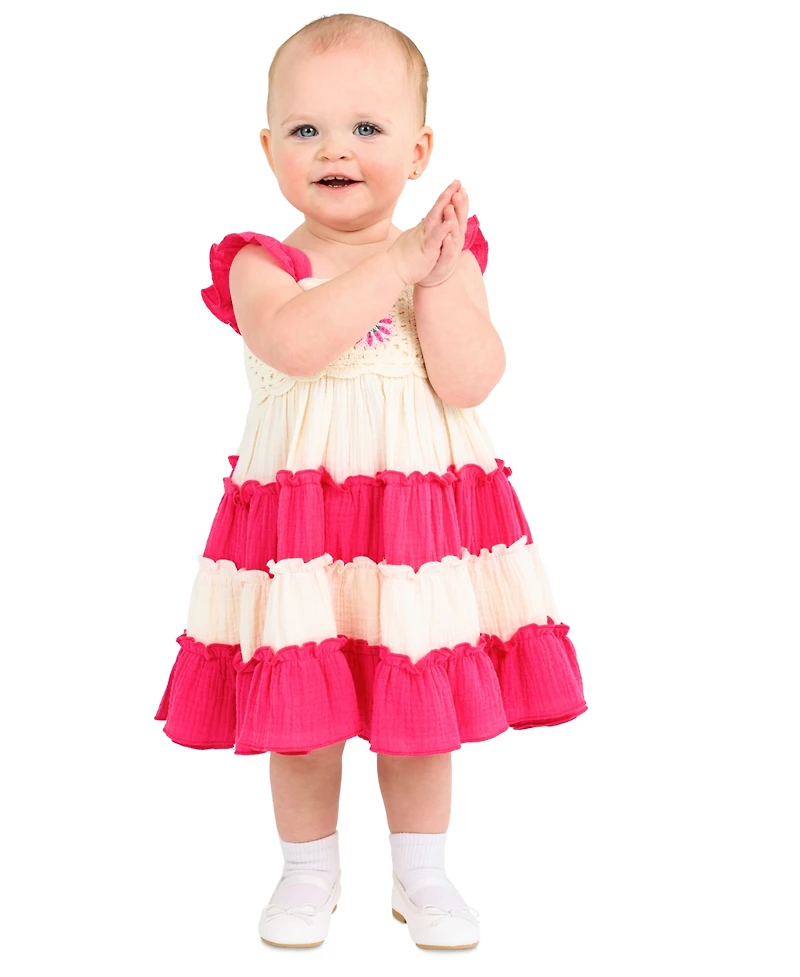 Rare Editions Baby Girls Flower Crochet Cotton Tiered Dress