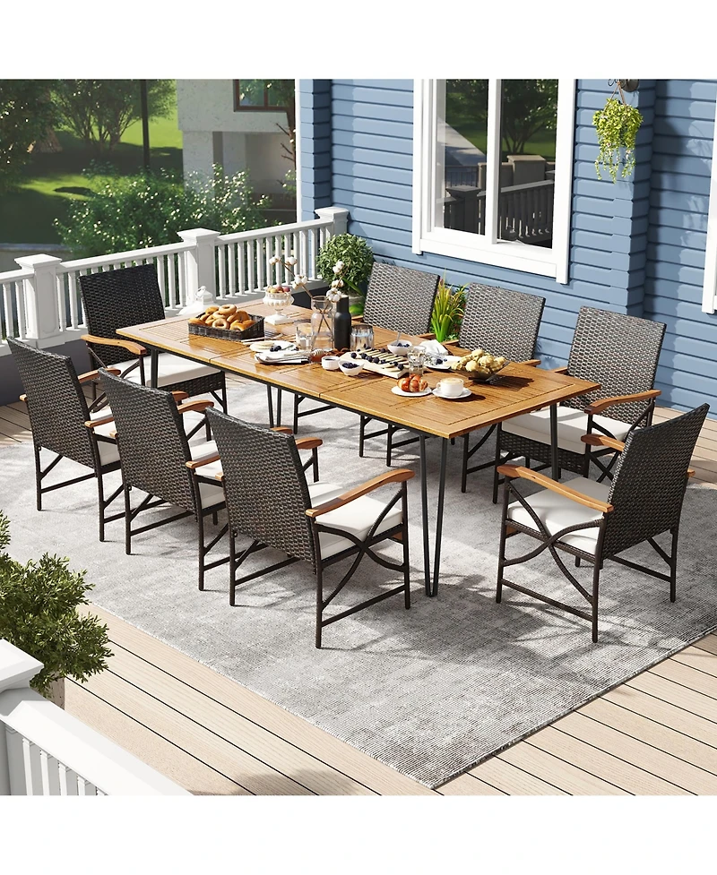 Gymax 9 Pcs Outdoor Patio Dining Set Armchairs Set of 8 & Acacia Wood Square Table