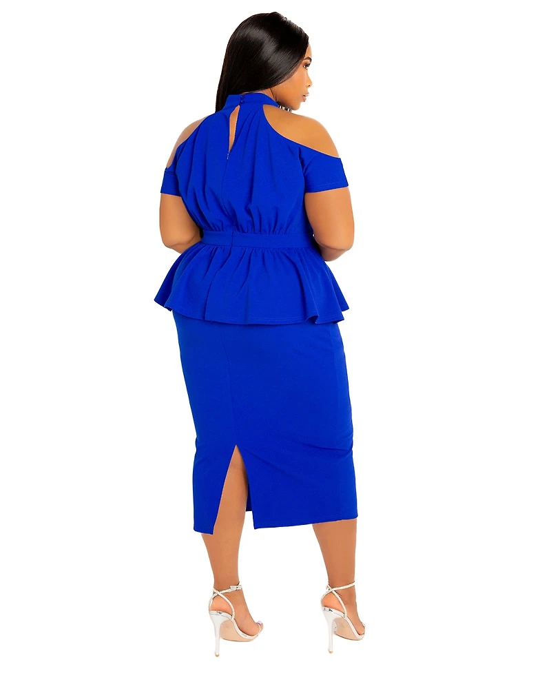 Buxom Couture Plus Cut-out Shoulder Peplum Midi Dress