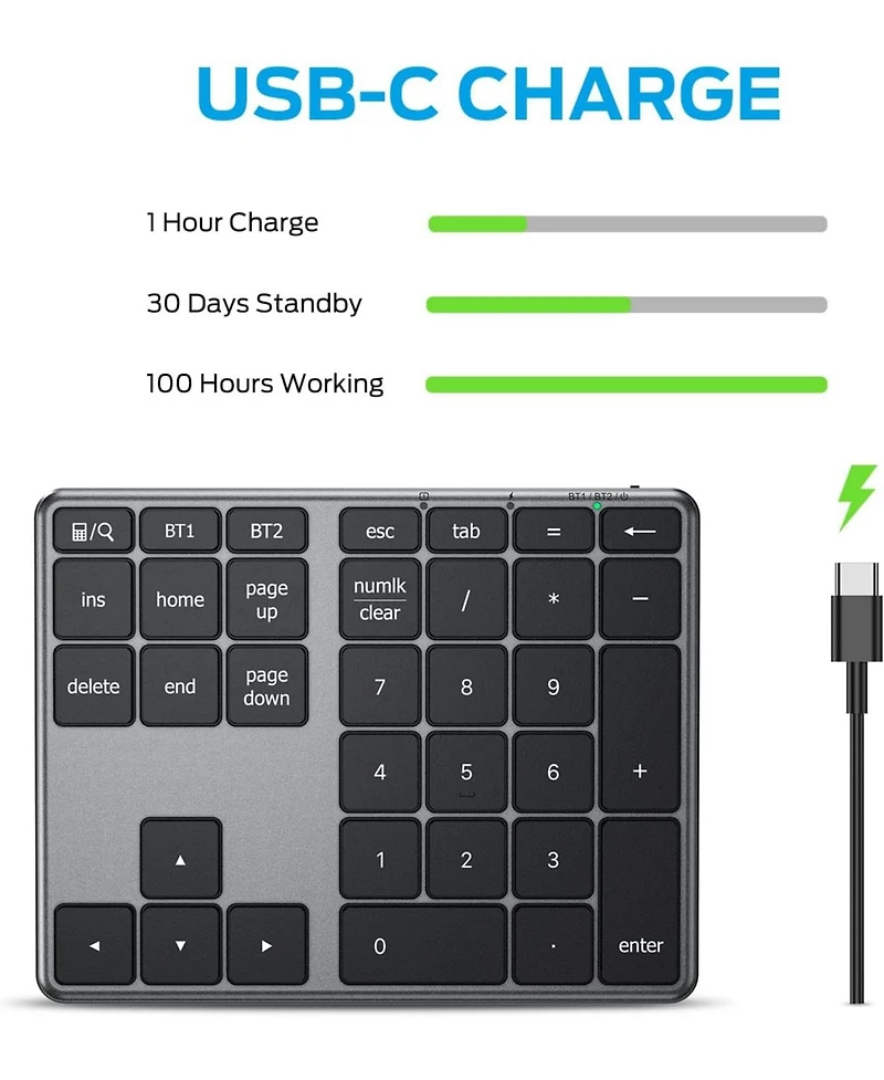 Number Pad, Aluminum Wireless Number Pad for Multi Devices, Usb-c Rechargeable, External 34-Keys