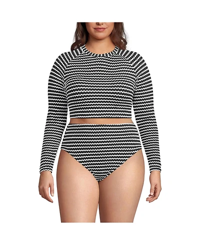 Lands' End Plus Crochet Long Sleeve Bikini Top and High Waisted Bottoms Swimsuit Set