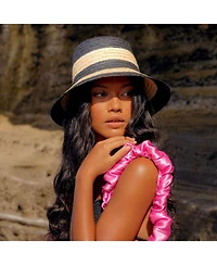Brunna.co Nona Striped Bucket Palm Straw Hat Black and Natural