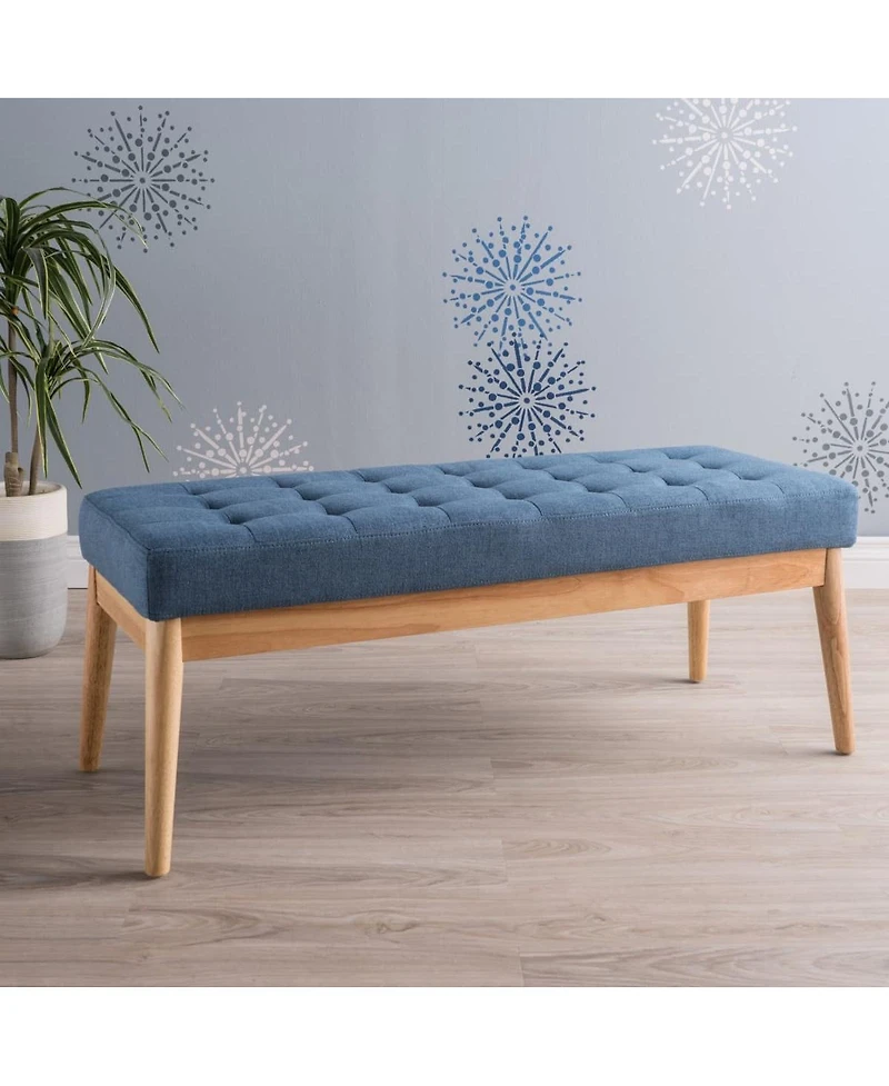 Mid Century Modern Upholstered Bench with Button Tufting and Birch Wood Legs for Dining Room, Hallway, or Office-The Pop Home